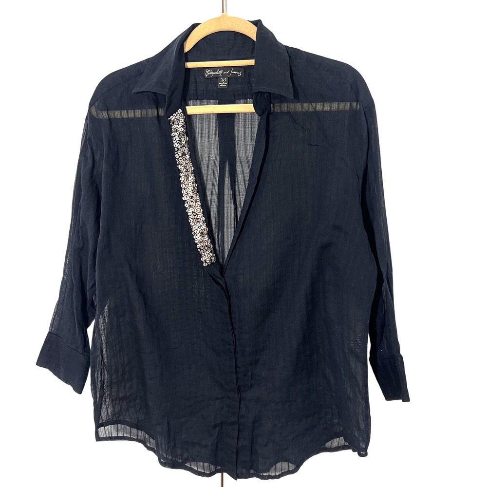 Elizabeth and James Blouse‎ Size XS Black Sheer Cotton Sequin Trim Feminine Boho